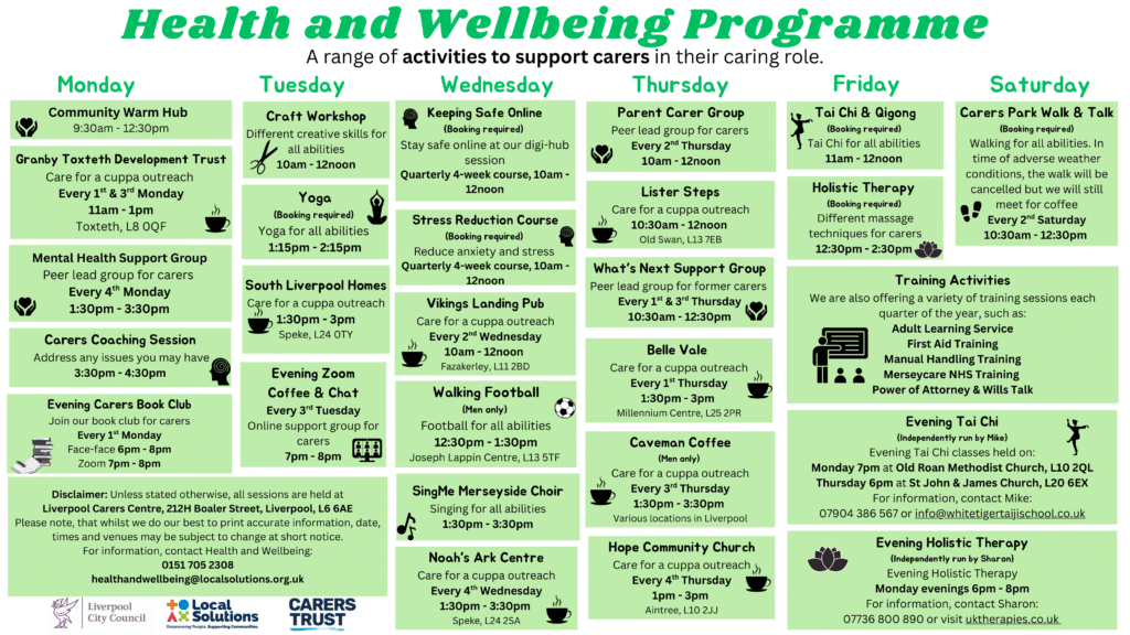 Weekly Health and Wellbeing Programme timetable for carers at Liverpool Carers Centre, showing activities and support groups running Monday to Saturday